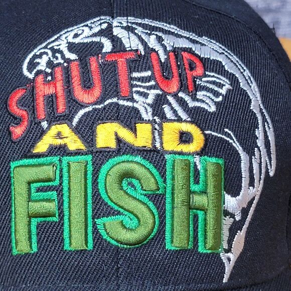 Embroidered Shut Up & Fish Fishing Hat Black Adjustable Hook & Loop Trucker Cap - Picture 2 of 16
